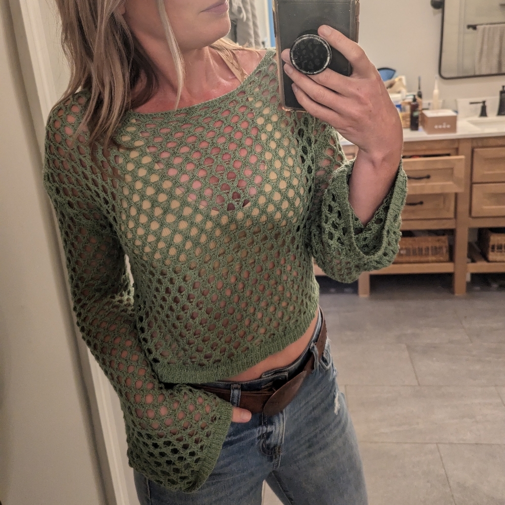 Open Knit Bell Sleeve Coverup Top - Picture 2 of 3